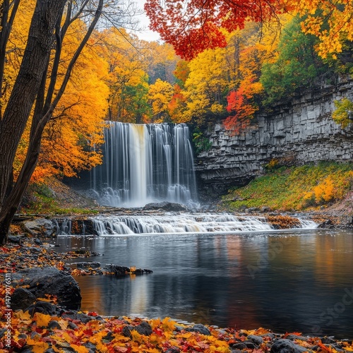 Waterfall cascading over stone ledge into calm pond surrounded by autumn forest with red, orange, and yellow leaves. Generative by AI.