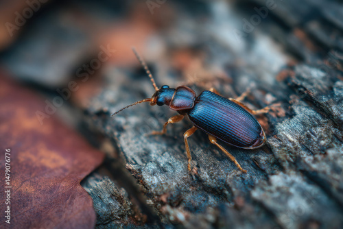 Close-up view of a darkling beetle, showcasing its iridescent blue-black elytra and orange legs, perched on textured bark. : Generative AI photo