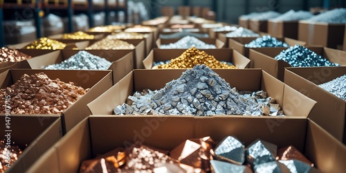 Various types of refined metal ores including copper, gold, silver, and aluminum stored in cardboard boxes at an industrial warehouse, ideal for mining, metallurgy, or raw material visuals

