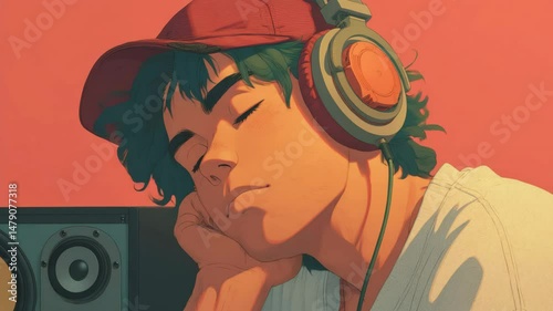 Anime Boy Enjoying Music with Headphones in Relaxed Setting