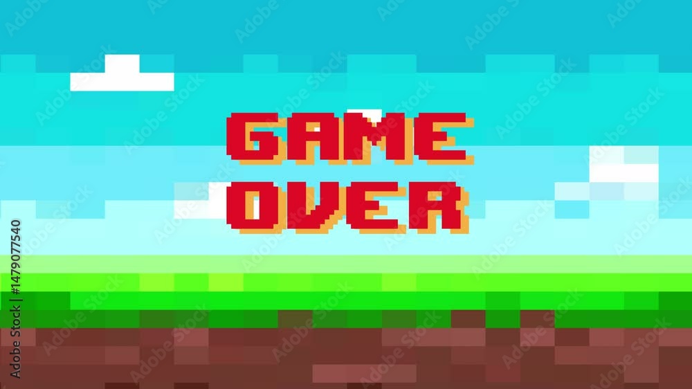 Animation Game over text on 8 bit game retro background.animated gaming controller sky, clouds, ground and grass in pixel