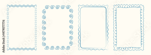 Whimsical hand drawn Italian borders, postcard stamp set. Vintage Italy summer frames in doodle style. Minimalist mediterranean blue elements for menu, wedding, invitation. Coastal Isolated Vector ill