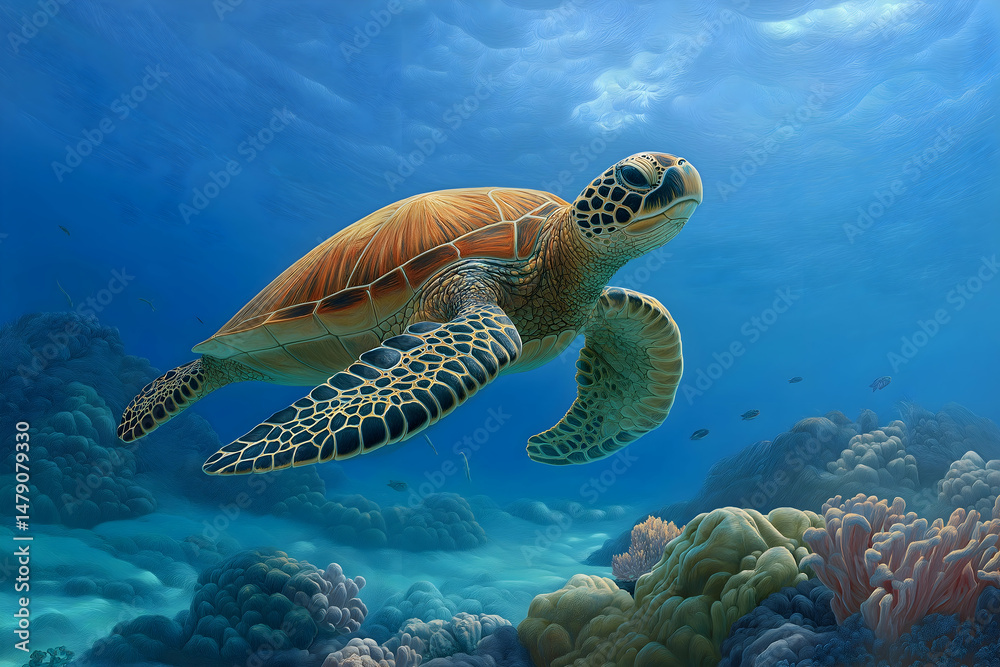 Fototapeta premium A sea turtle gracefully swims above a vibrant coral reef in clear blue ocean water.