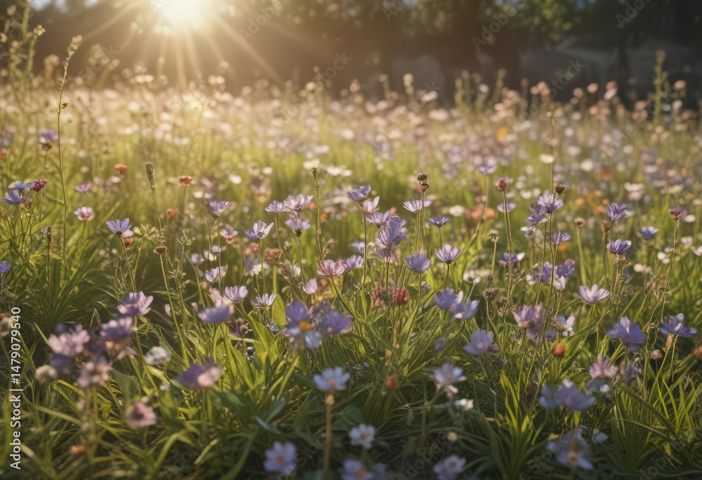 Obraz premium Delicate wildflowers in full bloom, bathed in sunlight , beautiful, spring
