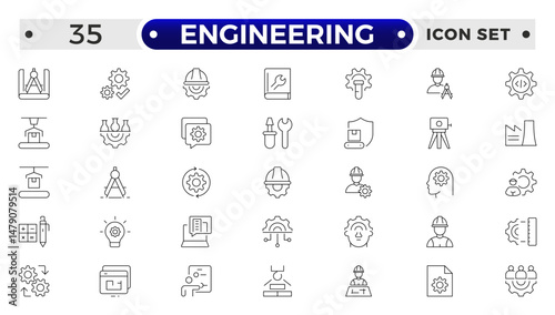 Engineering outline icon set. Future technology icon set. Containing robot, artificial intelligence, innovation, smart city, robotics, humanoid, hologram, digital world, high-tech and automation.