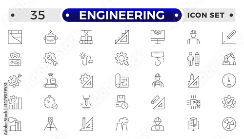 Engineering outline icon set. Future technology icon set. Containing robot, artificial intelligence, innovation, smart city, robotics, humanoid, hologram, digital world, high-tech and automation.