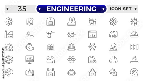Engineering outline icon set. Future technology icon set. Containing robot, artificial intelligence, innovation, smart city, robotics, humanoid, hologram, digital world, high-tech and automation.