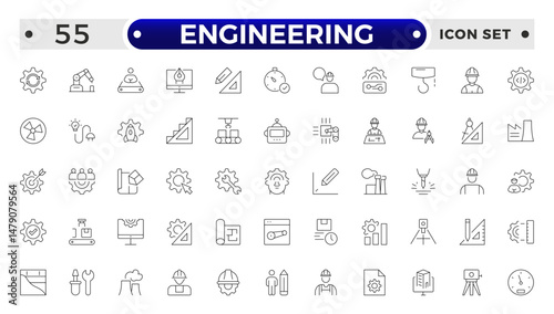 Engineering outline icon set. Future technology icon set. Containing robot, artificial intelligence, innovation, smart city, robotics, humanoid, hologram, digital world, high-tech and automation.