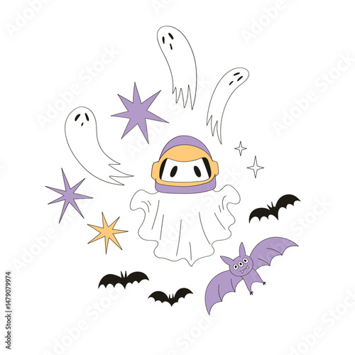 Groovy Creepy Cute ghost phantom astronaut in Outer Space hand drawn vector clip-art set isolated on white. Cosmic Spooky Halloween Galaxy design elements.