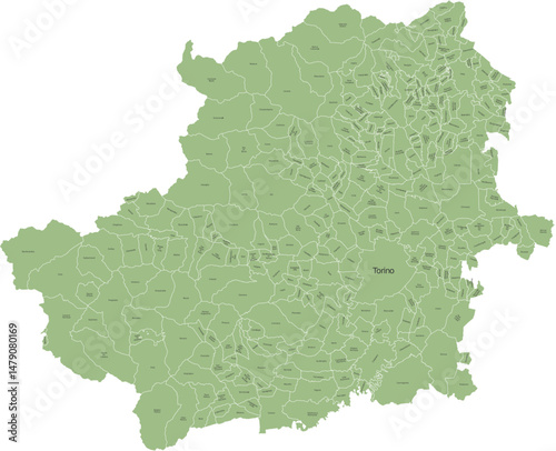 Vector image of the province of Torino with separate municipalities and editable labels