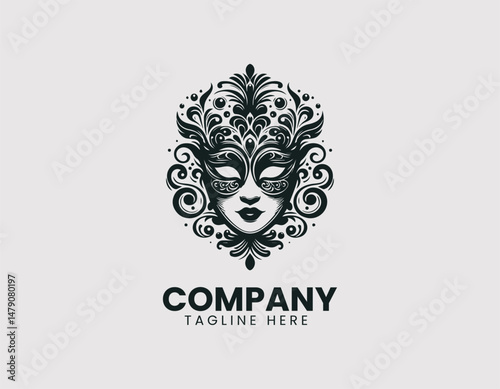 Elegant Black and White Venetian Masks Ornate Details Vector Logo Design, Ornate Black White Venetian Masks Elegant Details Vector Logo, Stylish Black and White Venetian Masks Intricate Details Illust