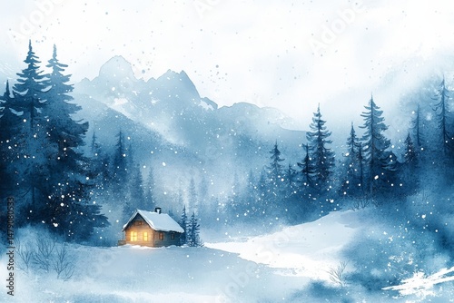 watercolor winter landscape with soft blue gradients and scattered snowflakes, featuring a cozy cabin in the woods, Generative AI