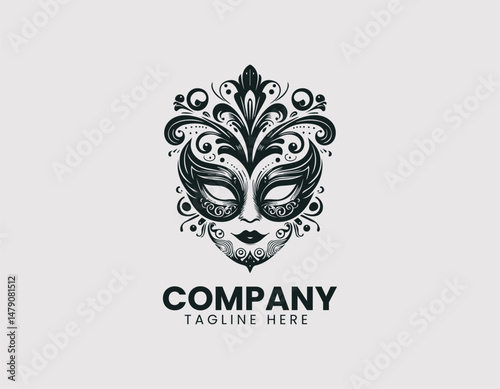 Elegant Black and White Venetian Masks Ornate Details Vector Logo Design, Ornate Black White Venetian Masks Elegant Details Vector Logo, Stylish Black and White Venetian Masks Intricate Details Illust