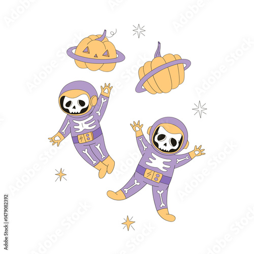 Groovy Creepy Cute astronaut skeleton Pumpkin planet in Outer Space hand drawn vector clip-art set isolated on white. Cosmic Spooky Halloween Galaxy design elements