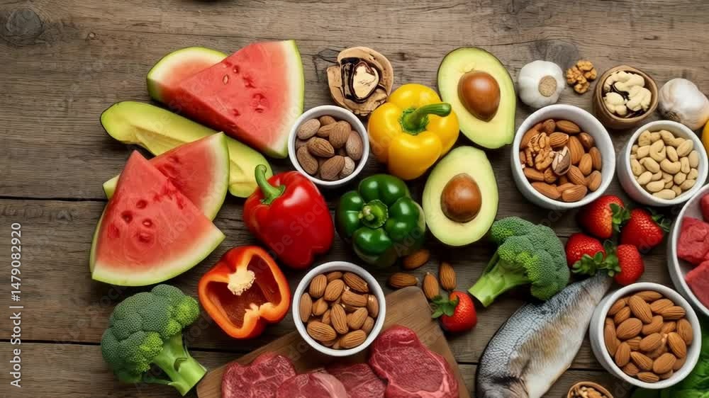 Selection of fresh food including meat, fish, nuts, fruits, and vegetables on a wooden surface Selection of fresh food including meat, fish, nuts, fruits, and vegetables on a wooden surface