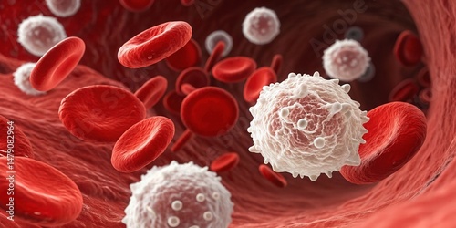 Microscopic Blood Cells, Red & White - Medical illustration
