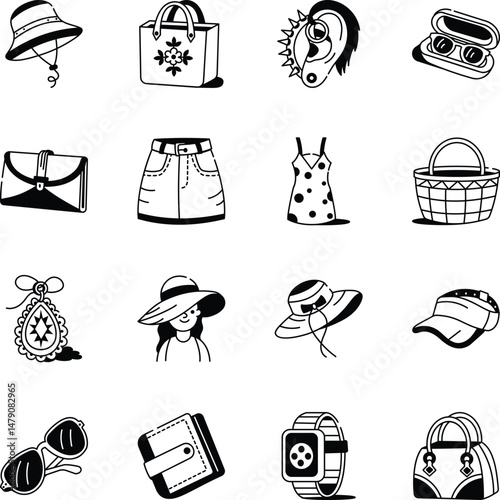 Bundle of Girly Fashion Hand Drawn Icons 
