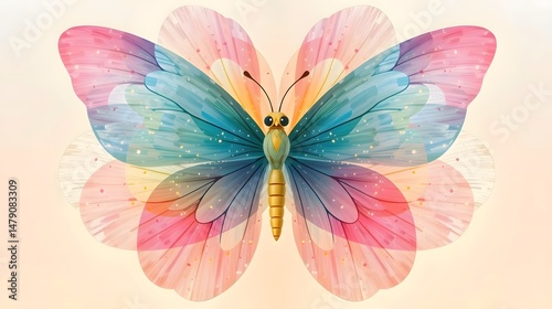 A colorful digital - art butterfly with wings in hues of pink, blue, and yellow, set against a light background.  photo