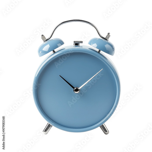 stylish blue alarm clock with classic design with round face and twin bells, isolated on transparent background