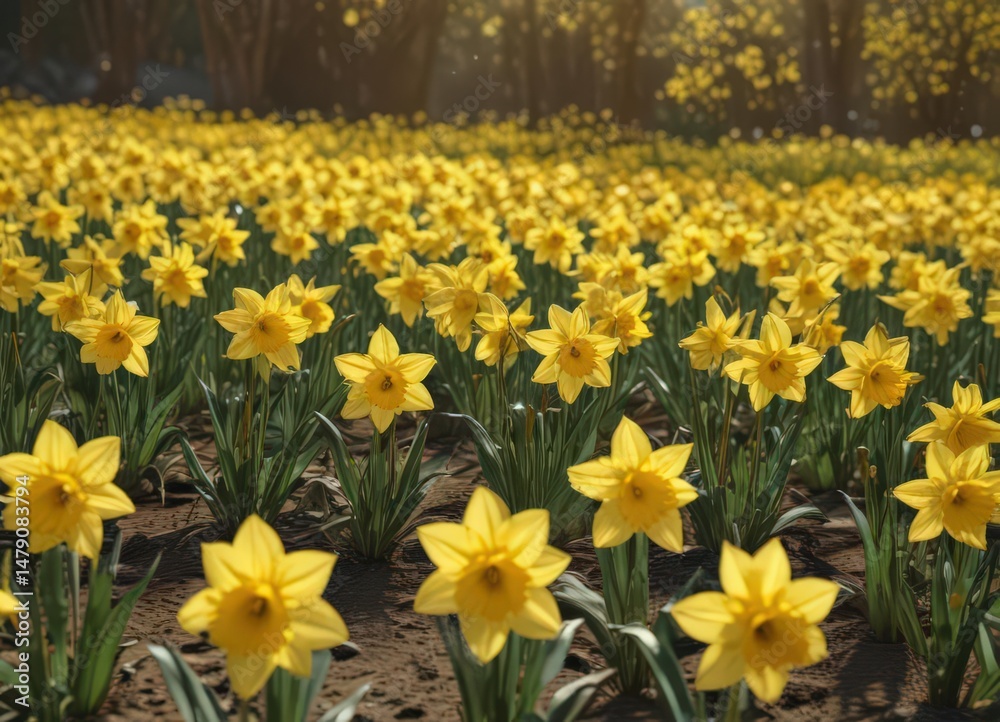Obraz premium Golden daffodil blooms, a sea of yellow in sunlight , floral, outdoor, field