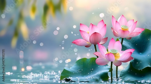 A serene image of three blooming pink lotus flowers on lily - pads, set against a soft, misty background with gentle water droplets and blurred foliage. 
