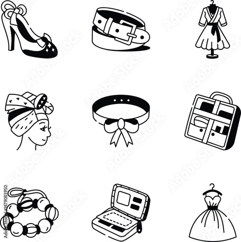 Collection of 09 Fashion Hand Drawn Icons 
