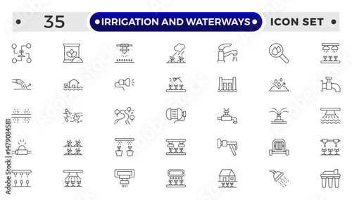 irrigation and waterways icon set. Includes drip, pipe, irrigation, and More. Outline icon set.