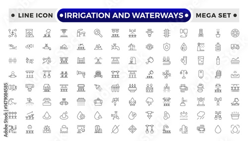 irrigation and waterways icon set. Includes drip, pipe, irrigation, and More. Outline icon set.