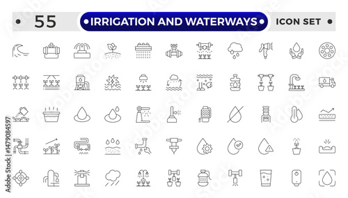 irrigation and waterways icon set. Includes drip, pipe, irrigation, and More. Outline icon set.