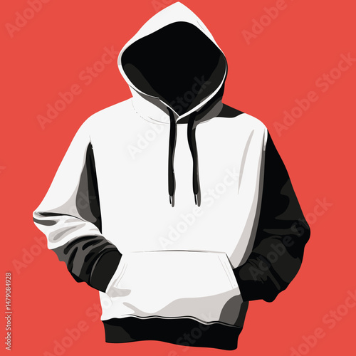 Minimalist flat vector illustration of white and black two tone hoodie with front pocket and drawstring hood on red background for casual clothing design