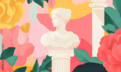 Abstract colorful floral background with classical goddess bust sculpture and ancient greek column in minimalist vector style for exhibition or art design