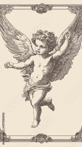 Classic engraving style cherub angel with detailed wings and curly hair in vintage ornamental frame vector illustration