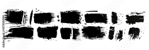 Set of grunge black brush stroke vectors with rough edges and textured paint smears on white background for design and decoration elements
