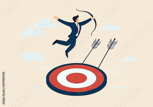 Businessman jumping aiming bow arrow at red and white bullseye target symbolizing career goal achievement and success motivation concept vector