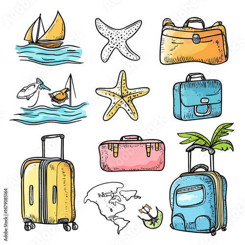 Hand drawn travel doodle set with sailboats, starfish, various colorful suitcases, world map, palm leaf, and seashell in flat sketch style for vacation and adventure themes