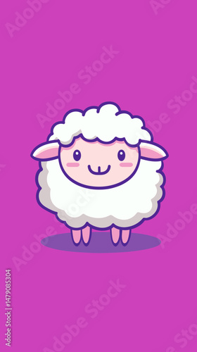Cute cartoon sheep character with fluffy white wool standing on purple background flat minimalist vector illustration for children design and animal concept