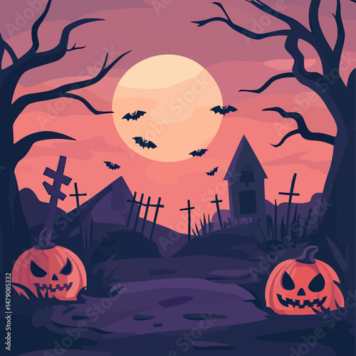 Halloween haunted graveyard scene with glowing jack o lanterns eerie full moon bats flying spooky dusk landscape flat vector illustration