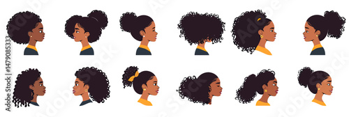 Set of African American women hairstyles and black girl avatars with diverse curly, afro, wavy hair profiles in flat minimalist vector style isolated on white background