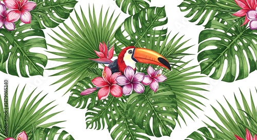 Vibrant Tropical Toucan: A Watercolor Seamless Pattern