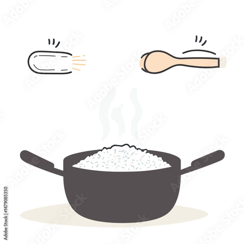 Steaming cooked white rice in black pot with salt shaker and wooden spoon simple flat minimalist style vector illustration for cooking concept