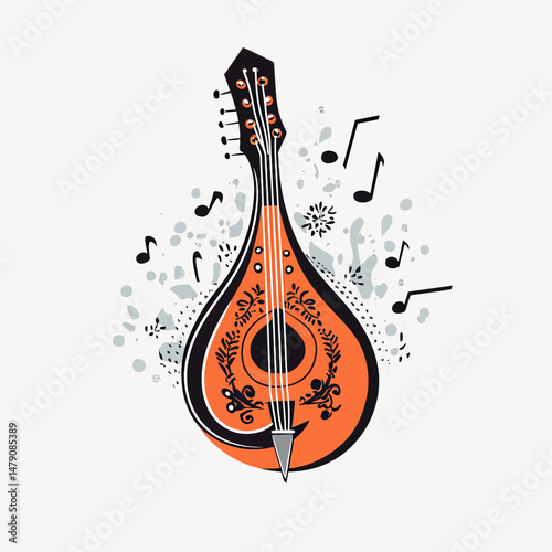 Orange and black mandolin string instrument with decorative floral patterns and surrounding musical notes in minimalist flat vector style for music concept design