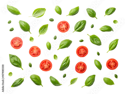 Fresh basil leaves and sliced tomatoes floating on a sleek black background for culinary themes