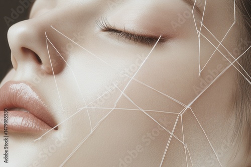 Woman's face with thread lift treatment close up beauty shot for cosmetic procedure or anti aging skin care concept in studio