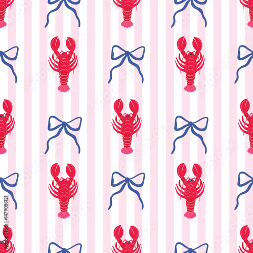 Summer striped seamless pattern with red lobsters and bows, decorative marine wallpaper