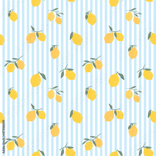 Summer seamless pattern with lemons on a striped background, retro style wallpaper