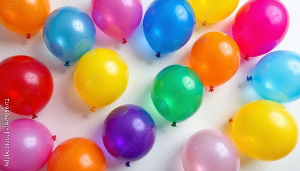3. group of bright latex balloons arranged in playful layout, reflections on their surfaces adding depth, clean white background enhances color contrast 3. group of bright latex balloons arranged in playful layout, reflections on their surfaces adding depth, clean white background enhances color contrast