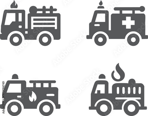 Set of Fire Truck Icons. Flat Black Emergency Vehicle Silhouettes, Fire Engine Symbols, Rescue Truck Vector Collection for Safety, Emergency Response, and Fire Department Design