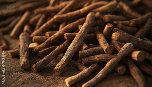 Pile of Ashwagandha Roots on a Rustic Surface for Herbal Remedies