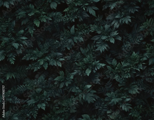 Bold, abstract dark green foliage pattern; black accents , vector, abstract