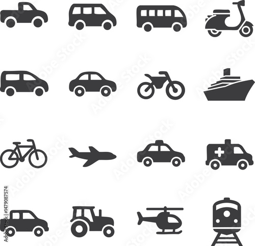 Transportation Icons Set. Flat Black Vehicle Symbol Collection, Car, Bus, Plane, Ship, and Bike Silhouettes, Minimal Transport Vector Illustration for Mobility, Travel, and Logistics Design